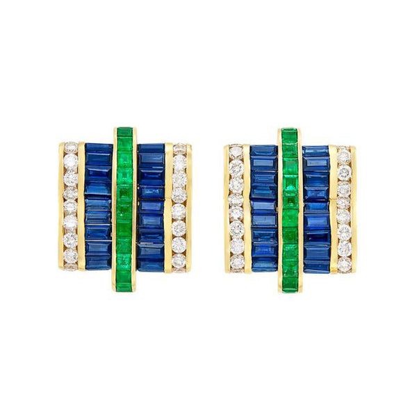 Charles Krypell Sapphire, Emerald, and Diamond Earrings