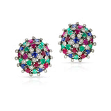Round Ruby, Emerald, Sapphire and Diamond Dome Earrings, 18k