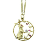 Diamond and Ruby Bunny Pendant and Neck Chain, 18 Karat Yellow Gold