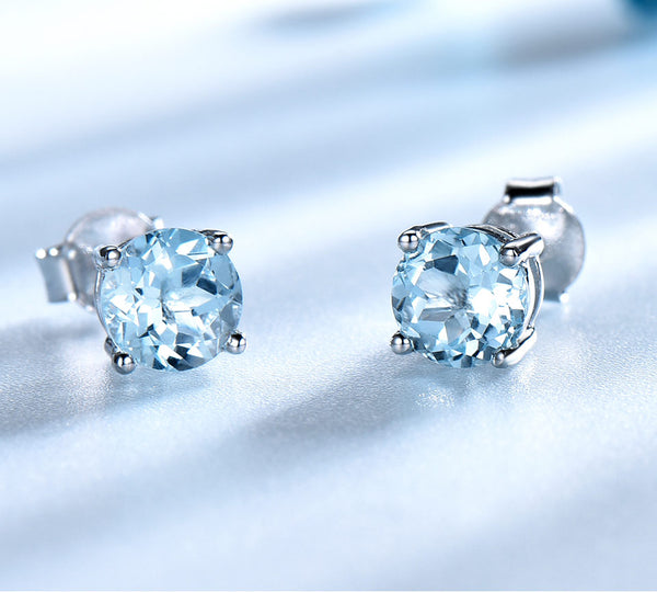 Round Aquamarine Sky Blue Cubic Zirconia Sterling Silver Earrings