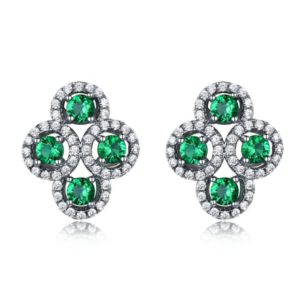 Four Round Circular Emerald Green Cubic Zirconia Sterling Silver Earrings