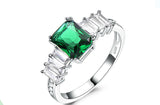 Rectangular Emerald Green Cubic Zirconia Three Side Stones Sterling Silver Ring