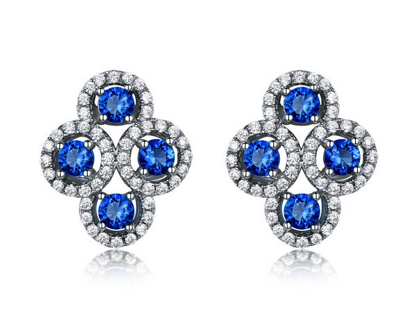 Four Round Circular Blue Sapphire Cubic Zirconia Sterling Silver Earrings