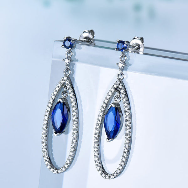 Dangling Round and Marquise Blue Cubic Zirconia Sterling Silver Earrings