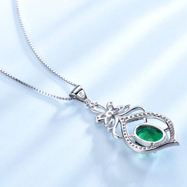 Oval Emerald Green Cubic Zirconia Elaborate Pendant Necklace, Sterling Silver