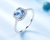 Round Aquamarine Sky Blue Cubic Zirconia Halo Setting with Stone Mounting Sterling Silver Ring