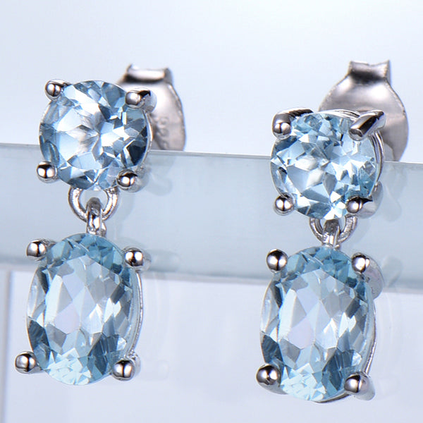 Round and Oval Aquamarine Sky Blue Cubic Zirconia Sterling Silver Earrings