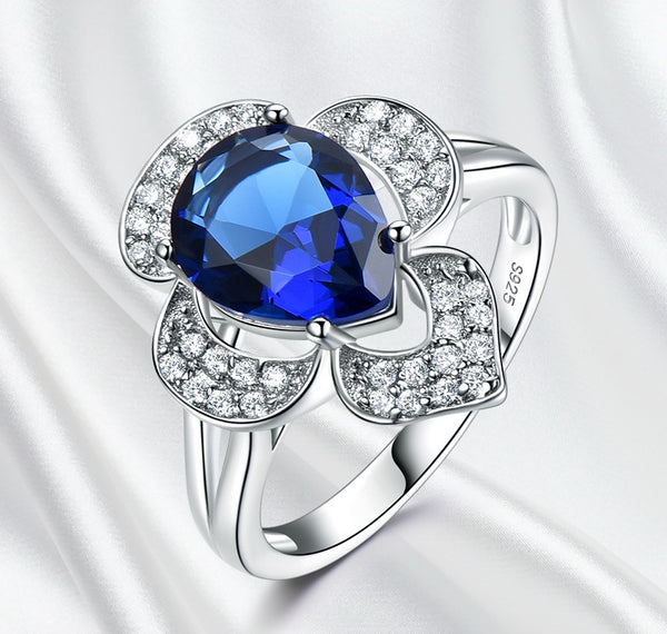 Pear Shape Sapphire Blue Cubic Zirconia Four-Clover Style Sterling Silver Ring