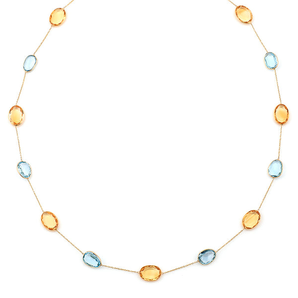 Oval shape Blue Topaz and Citrine Necklace, 18 Karat Gold