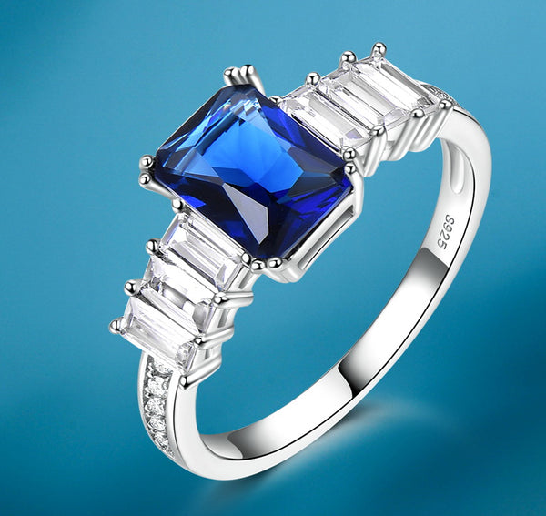 Rectangular Sapphire Blue Cubic Zirconia Three Side Stones Sterling Silver Ring