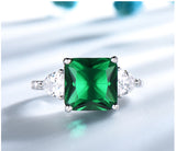 Square Cushion Emerald Green Cubic Zirconia with Two Trillion Cuts, Sterling Silver Ring