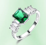 Rectangular Emerald Green Cubic Zirconia Three Side Stones Sterling Silver Ring