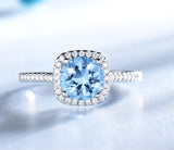 Round Aquamarine Sky Blue Cubic Zirconia Halo Setting with Stone Mounting Sterling Silver Ring