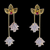 Dual Carved Rose Quartz Earrings with Gold Leaf Work with Ruby