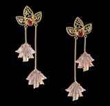 Dual Carved Rose Quartz Earrings with Gold Leaf Work with Ruby