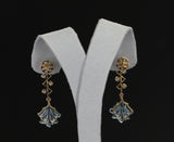 Cupid's Arrow Leaf Carved Blue Topaz Earrings with Diamonds, 14K Yellow Gold