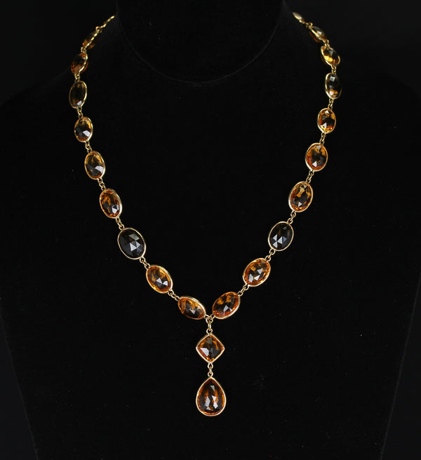 Citrine and Smoky Quartz Double Cabochon Rose Cut Fine 18K Gold Necklace