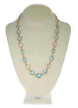 Round Rose Quartz and Oval and Diamond Blue Topaz Faceted Necklace 18K Fine Necklace