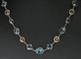 Round Rose Quartz and Oval and Diamond Blue Topaz Faceted Necklace 18K Fine Necklace