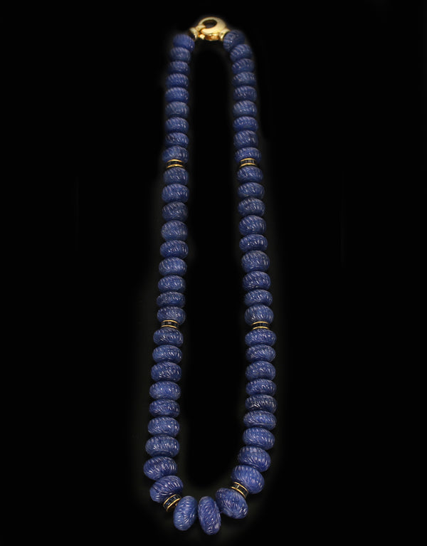 Genuine & Natural Carved Blue Sapphire Beads Necklace with Calibre Sapphire & Gold Spacers