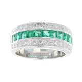 Channel Invisibly Set Square Emeralds with Round Diamonds Half-Eternity Band Ring