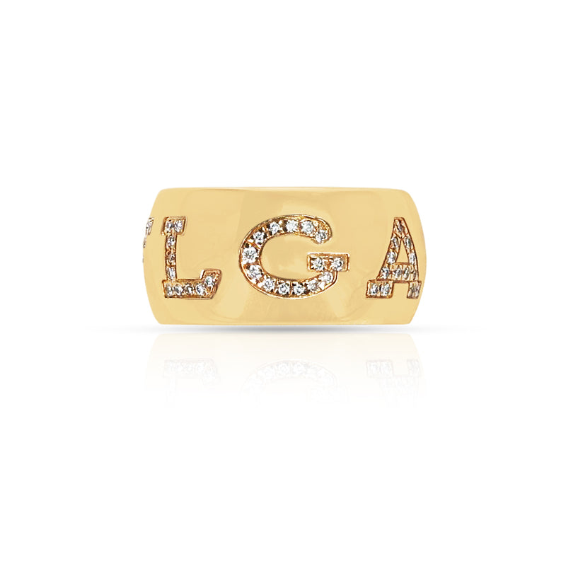 BVLGARI Diamond Letter Band Ring with Original Box, 18K Gold