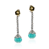 Round Diamond and Emerald Carving Dangling Earrings, 18K Gold