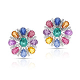Pear Shape Multi-Sapphire, Oval Emerald and Diamond Cocktail Earrings, 18K White