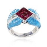 Carved Blue Topaz Ring with 1.40 ct. Ruby set with 0.46 cts. Diamonds, 18k Gold