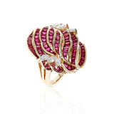 Invisibly Set 8 Row Ruby Flower-Cut Cocktail Ring with Marquise Diamonds, 18K