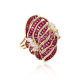 Invisibly Set 8 Row Ruby Flower-Cut Cocktail Ring with Marquise Diamonds, 18K