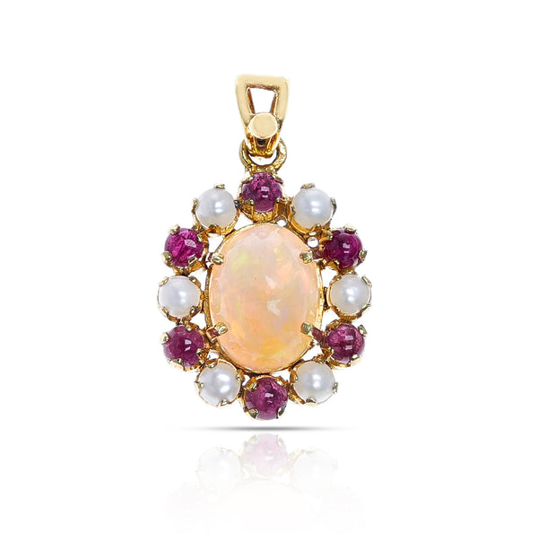 Opal Pendant with Ruby and Pearl, 14K Yellow Gold
