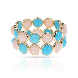 Turquoise and Pink Opal Round Cabochon Double Line Band, 18K Yellow Gold