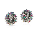 Round Ruby, Emerald, Sapphire and Diamond Dome Earrings, 18k