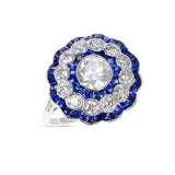 Art Deco Style Diamond Old European-Cut and Sapphire Engagement Ring, 18k White