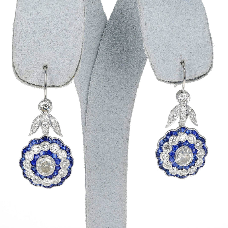 Art Deco Style Diamond Old European-Cut and Sapphire Earrings, 18k White
