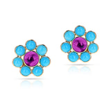 Turquoise and Amethyst Floral Earrings, 18k Yellow Gold