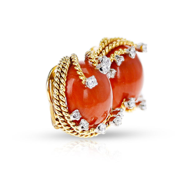 David Webb Coral Cabochon and Round Diamond Earrings