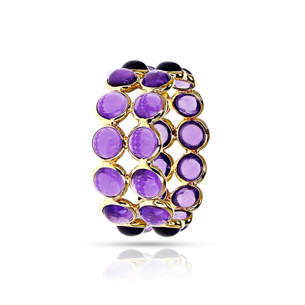 Purple Amethyst Round Cabochon Double Line Band, Yellow Gold