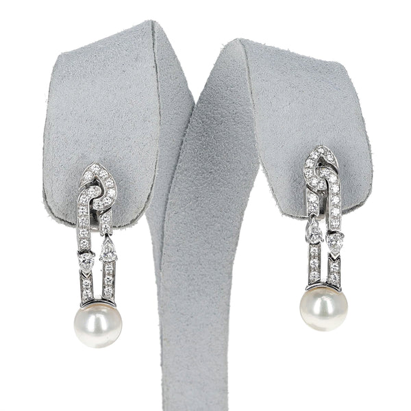 Bvlgari Cultured Pearl Earrings with Round and Pear Shape Diamonds, 18k, Original Box