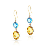 Blue Topaz and Citrine Round and Oval Shape Dangling Earrings made in 18 Karat Yellow Gold.