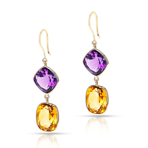 Amethyst and Citrine Cushion shape Dangling Earrings made in 18 Karat Yellow Gold.