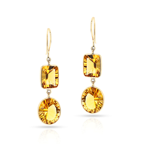 Citrine Cushion and Oval Shape Dangling Earrings made in 18 Karat Yellow Gold.