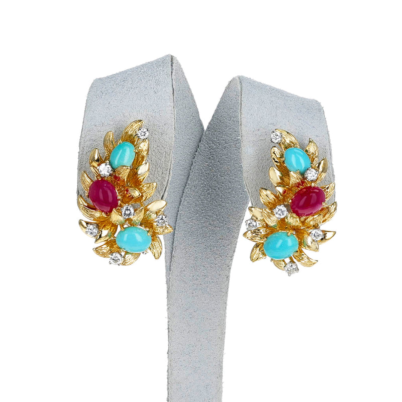 Ruby, Turquoise and Diamond Gold Leaf Earrings, 18k
