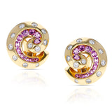 French Van Cleef & Arpels Retro Pink Sapphire and Diamond Swirl Earrings, 18K