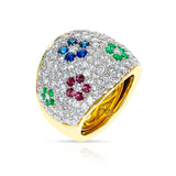 Diamond, Emerald, Ruby and Sapphire Floral Design Cocktail Ring, 18k
