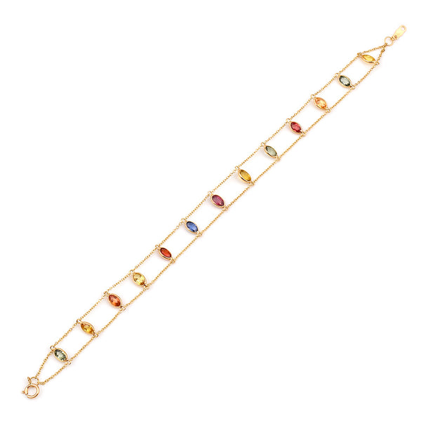 Oval Multi Sapphire Double Line, 18k Yellow Gold Bracelet