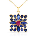 Pear and Marquise Sapphires with Oval Ruby Square-Shape Pendant, Yellow Gold
