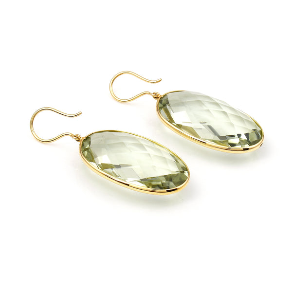 Green Amethyst Oval Shape Dangling Earrings made in 18 Karat Yellow Gold.