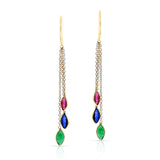 Ruby, Sapphire, Emerald Pear Shape Dangling Earrings made in 18 Karat Yellow Gold.